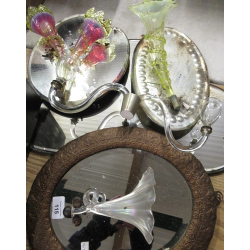 115 - Oval Girandole mirror with a pair of Vaseline glass trumpet vases with green frilled decoration, ano... 