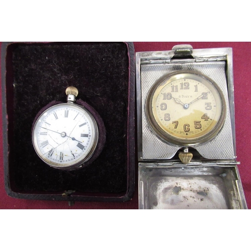 14 - Geo V. eight day travelling clock in engine turned silver case, Birmingham 1926 and a Swiss 19th C l... 