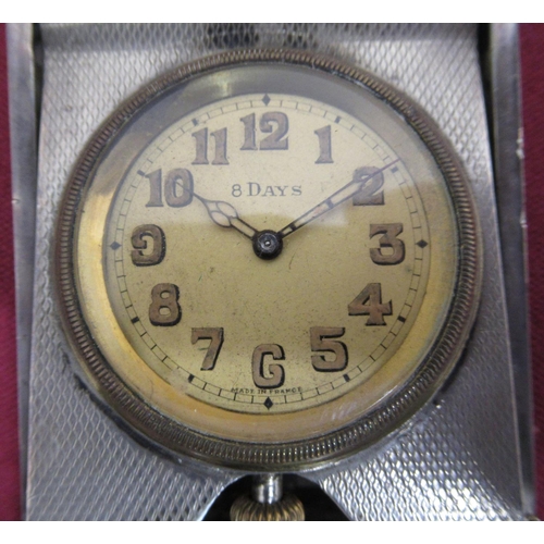 14 - Geo V. eight day travelling clock in engine turned silver case, Birmingham 1926 and a Swiss 19th C l... 