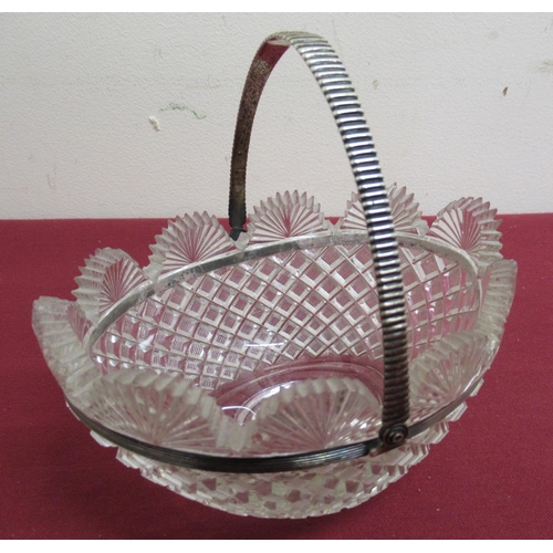 18 - Early 20th C strawberry cut glass oval waived edge bonbon basket, continental white metal swing hand... 
