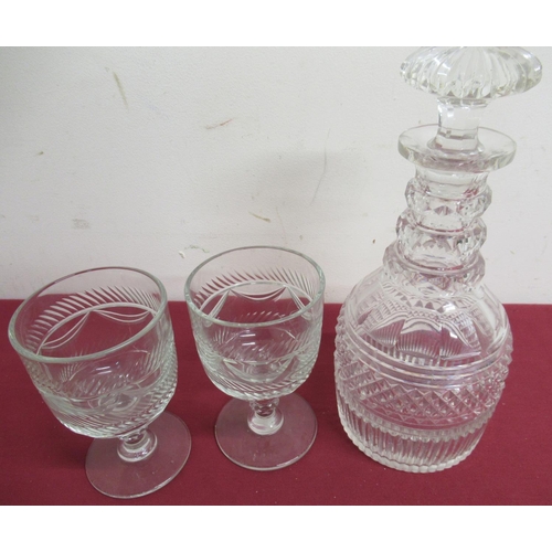 19 - Georgian crystal decanter with triple ringed faceted neck and hobnail band H26cm and a pair of Georg... 