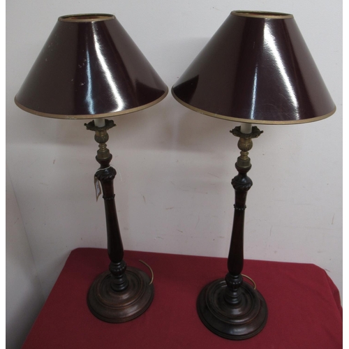 22 - Pair of Geo. lll style mahogany table lamps with turned tapering columns on circular bases, brass ur... 