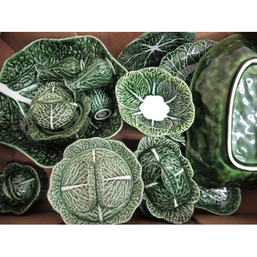 25 - 20th C Portuguese green glazed leaf moulded salad service comprising large salad bowl, plates, lidde... 
