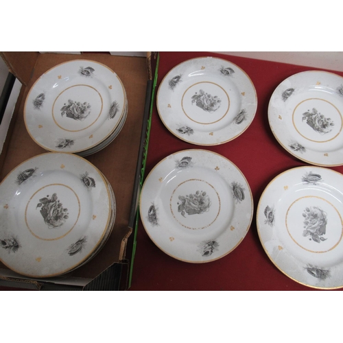28 - Set of eleven 19th C continental porcelain dessert plates with sepia decorated with shells and flowe... 