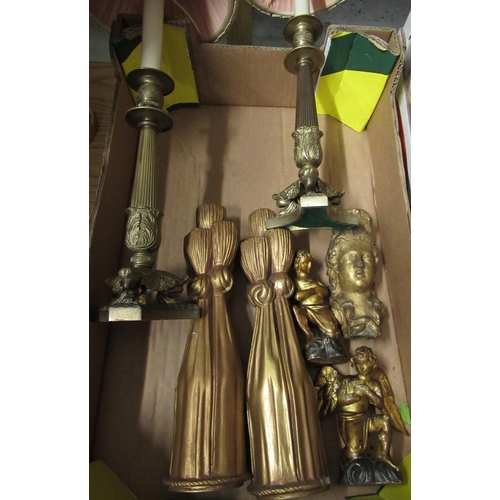 39 - Pair of Regency gilt metal table lamps with acanthus and fluted supports on tri form bases, with sha... 