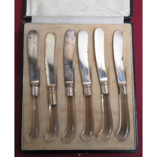 4 - Set of six tea knives with pistol grip glass handles and  white metal collars by T. Good & Co, Londo... 