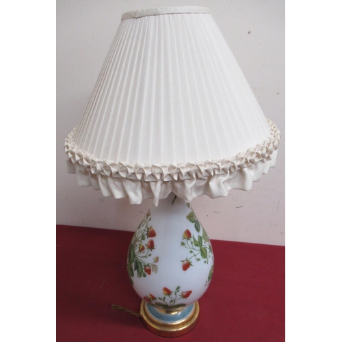 40 - 20th C opaline glass table lamp, baluster body  decorated with hand painted strawberries, with fring... 