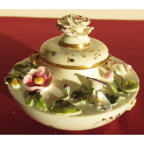 66 - Early 19th C Rockingham porcelain inkwell with applied floral decoration and gilt highlights D10.5cm... 