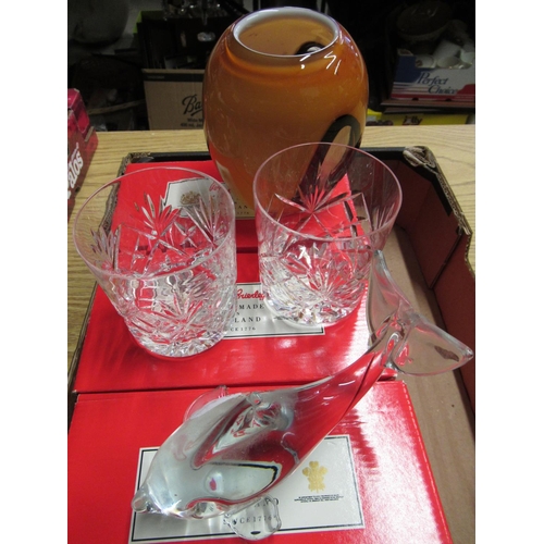 75 - Six Royal Brierley Berkeley lead crystal whisky tumblers, 1960s art glass vase and a art glass dolph... 