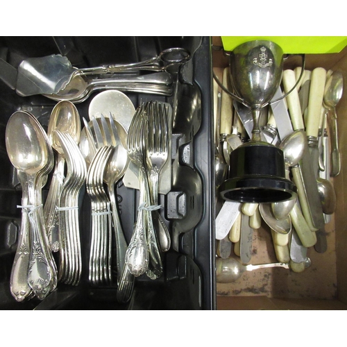 81 - Part canteen of cutlery, other 1930s tea knives and dinner knives and a plated trophy cup