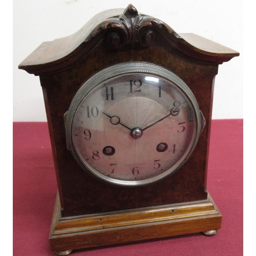 84 - Early 20th C mahogany and burr walnut mantel clock, silvered Arabic dial in silver plated bezel, Fre... 