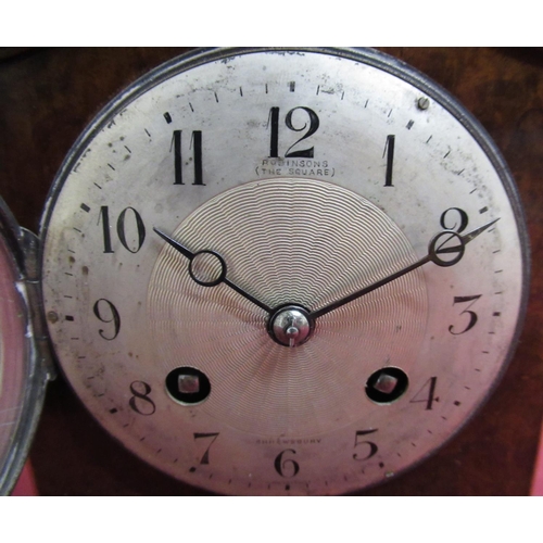 84 - Early 20th C mahogany and burr walnut mantel clock, silvered Arabic dial in silver plated bezel, Fre... 