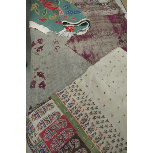 85 - Early 20th C Caucasian rug (A/F), silk shawl and a needlework panel dated 1982