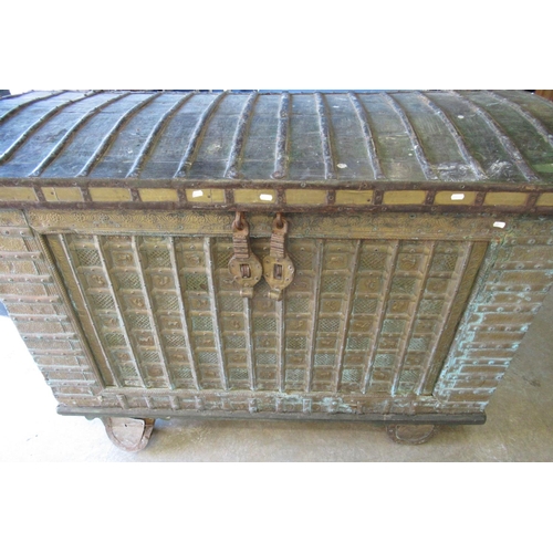 94 - Large 19th C Indian plantation chest, steel strapwork hinged top with iron clasps, embossed brass bo... 