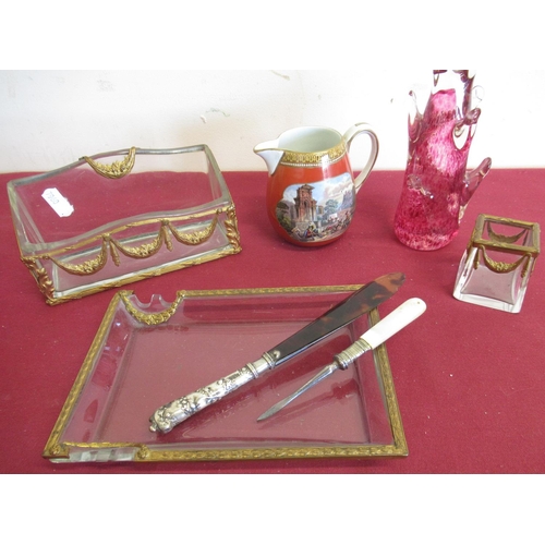 96 - 20th C three piece glass desk set with gilt neo classical design gilt metal mounts, tortoiseshell le... 