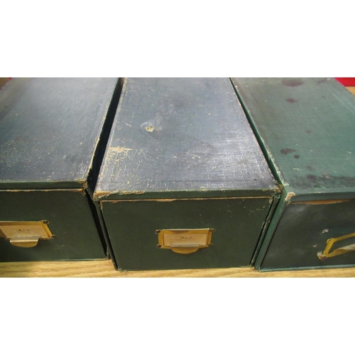 97 - Collection of wooden printing blocks and three green leatherette file index drawers