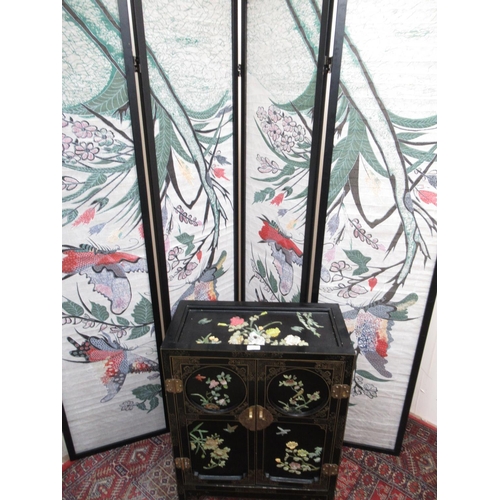 266 - Japanese two door side cabinet decorated in shibiyama style with birds and foliage W59cm H78cm D29cm... 