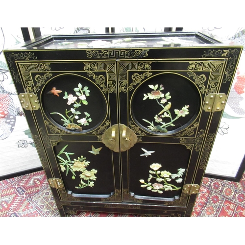 266 - Japanese two door side cabinet decorated in shibiyama style with birds and foliage W59cm H78cm D29cm... 