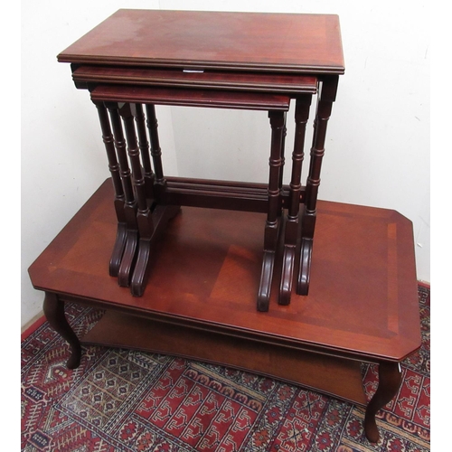 268 - Nest of three Regency style mahogany tables on turned supports W54cm D35cm H57cm and a rectangular t... 