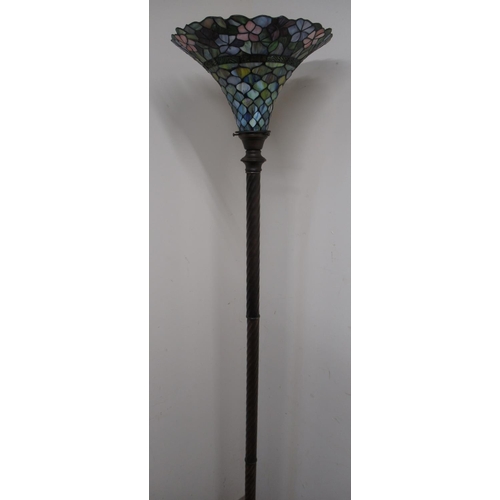 275 - Patinated metal standard lamp with twist turned column and Tiffany style uplighter shade H184cm W39c... 