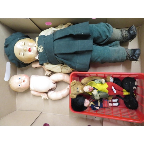 263 - Composition doll with opening eyes and jointed limbs, in green school uniform (H48cm), another baby ... 