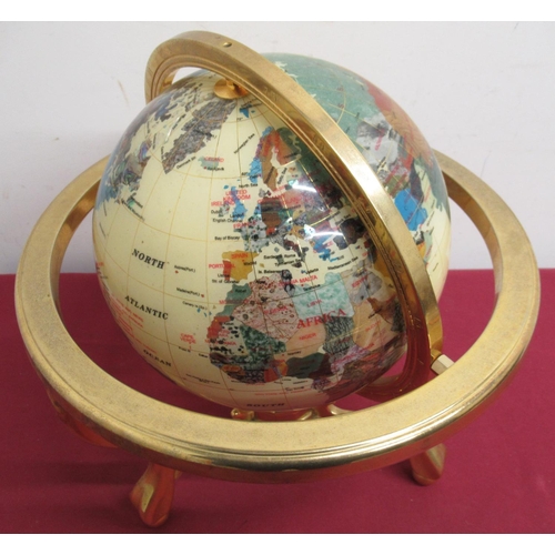 278 - Polished crystal style terrestrial globe, on brass stand with compass base H39cm