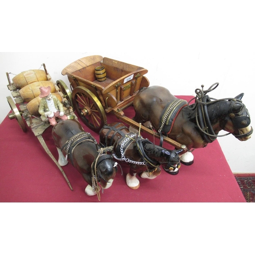 279 - Melba ware shire horse with two wheeled wagon, similar smaller Beswick shire horse, another shire ho... 