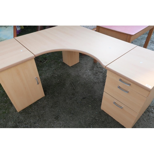 408 - Beech laminate corner fitting desk unit, with filing cupboard and drawers