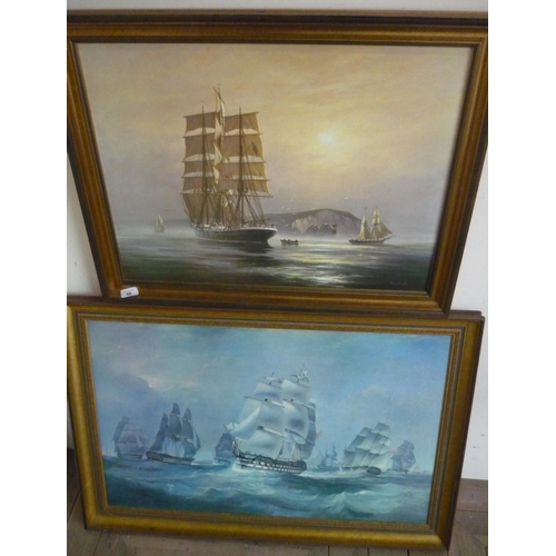 418 - Roger Desoutter gilt framed print of Lady Isabelle, and another of naval battle (2)