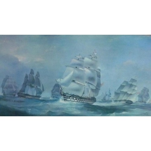 418 - Roger Desoutter gilt framed print of Lady Isabelle, and another of naval battle (2)