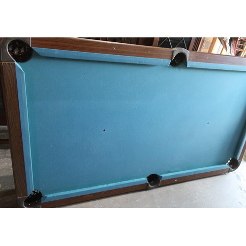 421 - Pool table, blue baise top on chromed adjustable supports, with two cues, balls and frame (205cm x 1... 