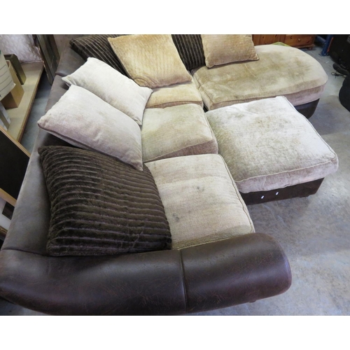 399 - Large brown leather corner sofa and matching footstool, brown velour loose cushion (approx L240cm x ... 