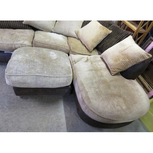 399 - Large brown leather corner sofa and matching footstool, brown velour loose cushion (approx L240cm x ... 