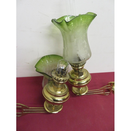 414 - Pair of Art Nouveau wall lamps with Art Nouveau swing arm bracket and etched green tinted shades