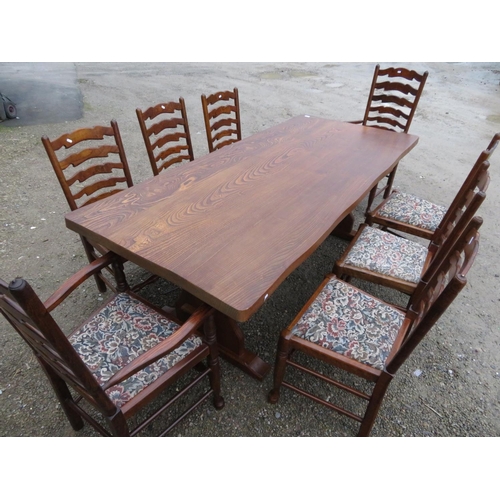 404 - Cryercraft elm refectory style dining table W92cm L210cm and a set of eight ladder back chairs with ... 