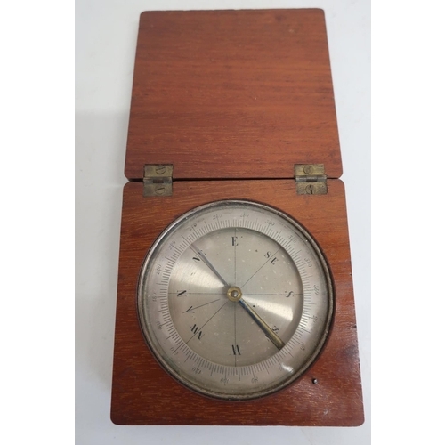 447 - Victorian mahogany cased pocket compass, silvered dial with brass lock, dial 2in diam.