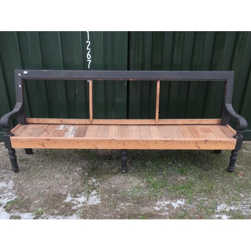 440 - 20th C painted pine bench with open arms (stripped for re-upholstery) W255cm D43cm H106cm