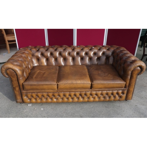 442 - Three seater chesterfield settee in chestnut brown leather with deep button back 190cm 90cm 69cm