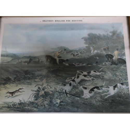 98 - Large selection of various framed prints, including Shayor's English Fox Hunting, framed book plates... 