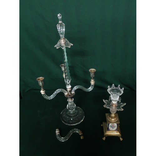 35 - Early 20th C four branch cut glass candelabra with silver plated fittings and a Late 19th C brass an... 