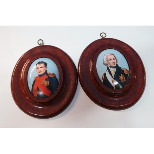 22 - Pair of mahogany framed oval porcelain plaque portraits of Nelson and Napoleon Bonaparte (14cm x 12c... 