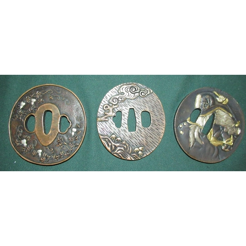 13 - Set of three bronze  tsuba depicting Samurai warriors, tiger, hanging lanterns from a tree