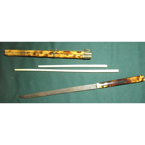 27 - 19th C Japanese Chatelaine type knife and chopstick carrier with faux tortoiseshell bamboo case, wit... 
