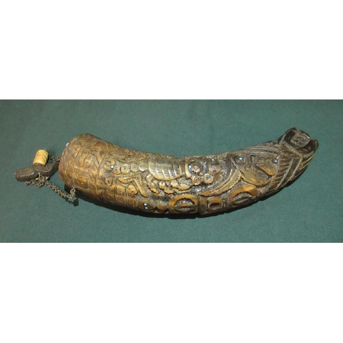 6 - 18th/19th C Tibetan powder horn carved in the shape of a mythical creature with other decorations in... 