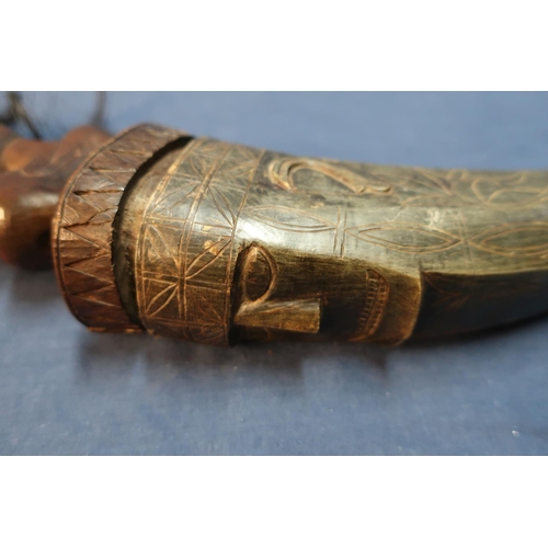 139 - Late 19th C carved Batak Sumatran  tribal horn flask, the horn with engraved detail with carved figu... 