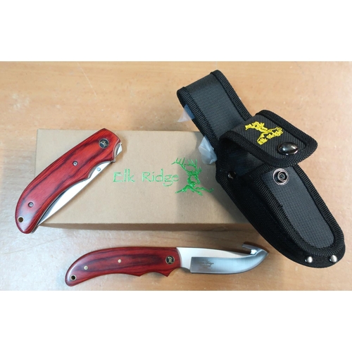 119 - Boxed as new Elk-ridge combo sheath knife set with ER-013 gutting knife and matching single bladed p... 