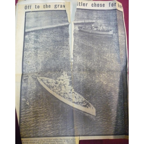 155 - Interesting scrap-work album of various newspaper cuttings relating mostly to WWII, including variou... 