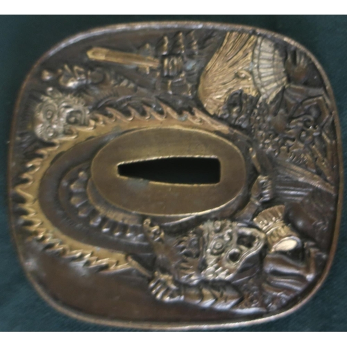 143 - Japanese bronze Tsuba decorated with various mythical figures, with signature panel to the reverse (... 