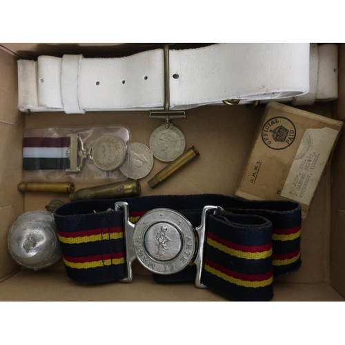 23 - Collection of military items including Defence medal, WWII medal box, no.1 dress belt dated 2006, et... 