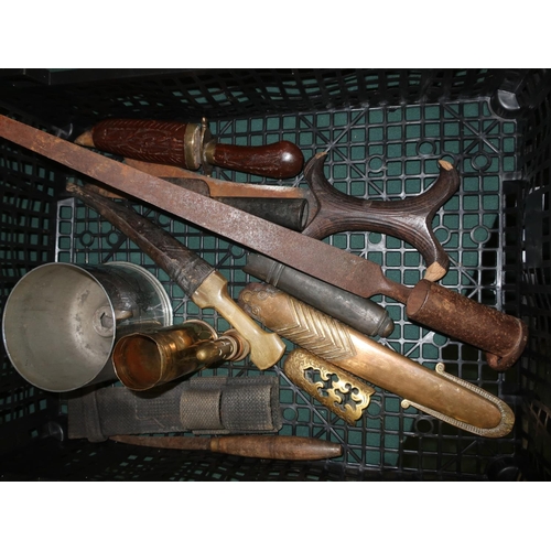 53 - Collection of tribal knives, tri form socket bayonet, Lee Enfield frog, piece of trench art and thre... 